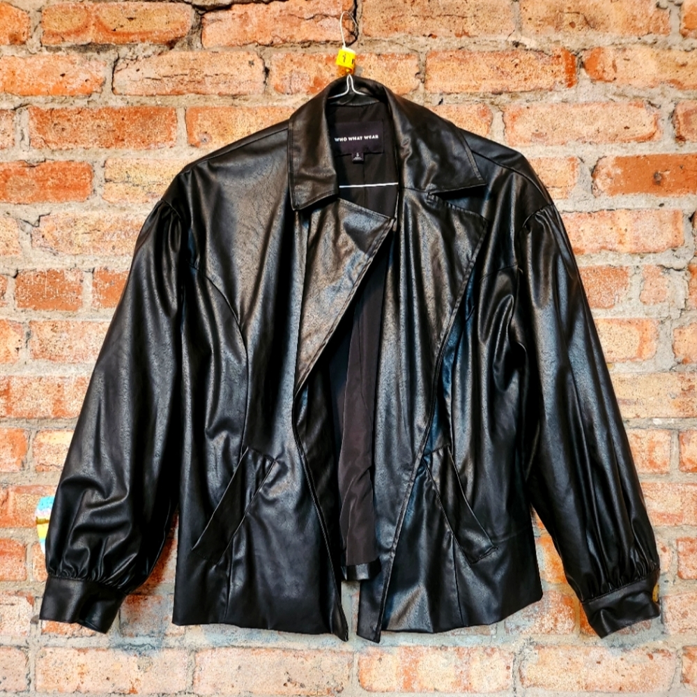 Faux Leather Jacket with Bishop Sleeves